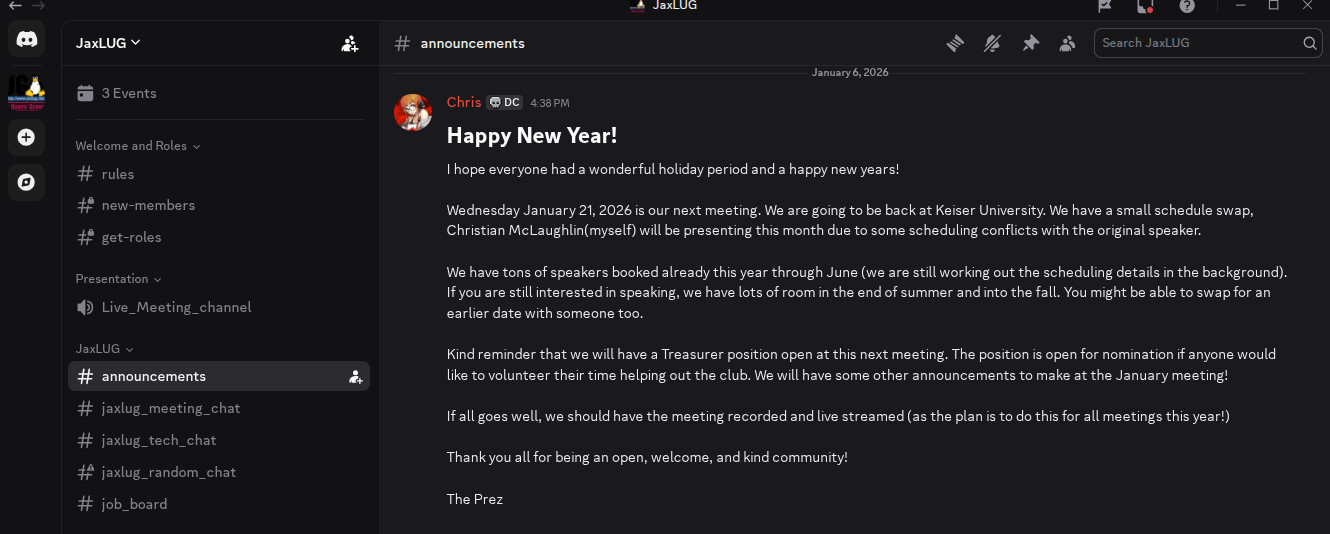 Christian McLaughlin announcement seeking treasurer