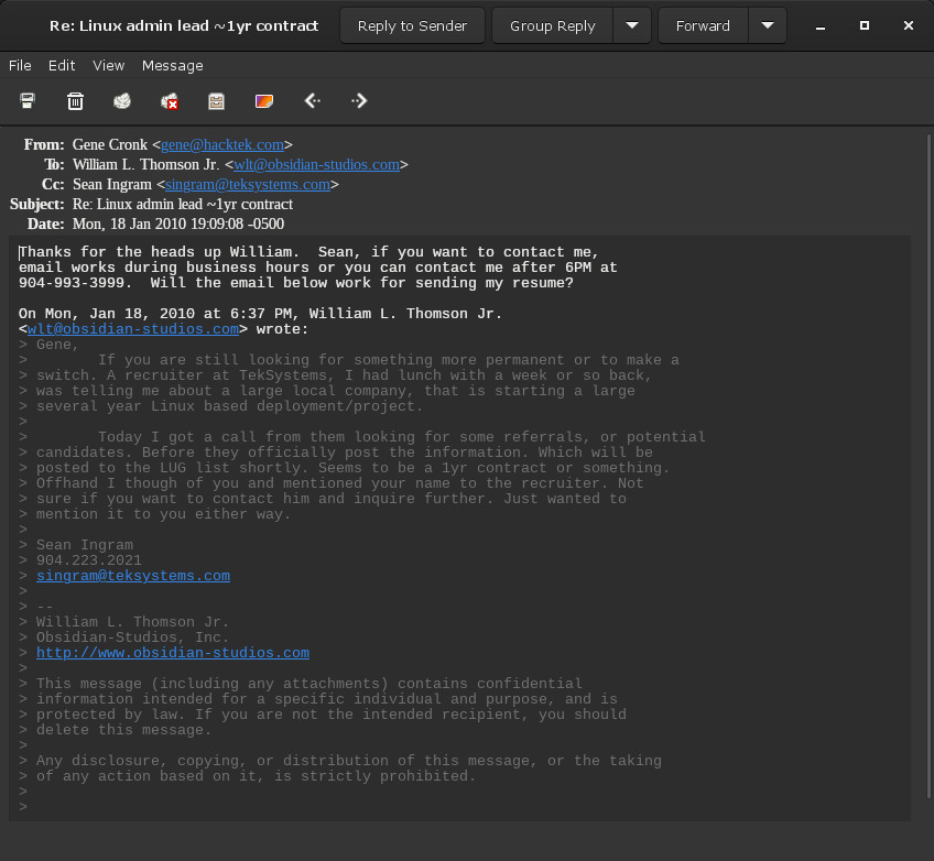 2010 Gene Cronk Reply to William's job referral