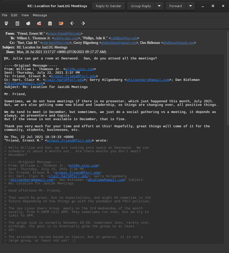 William Thomson FSCJ JaxLUG Meeting Space Email with Dan Bidleman