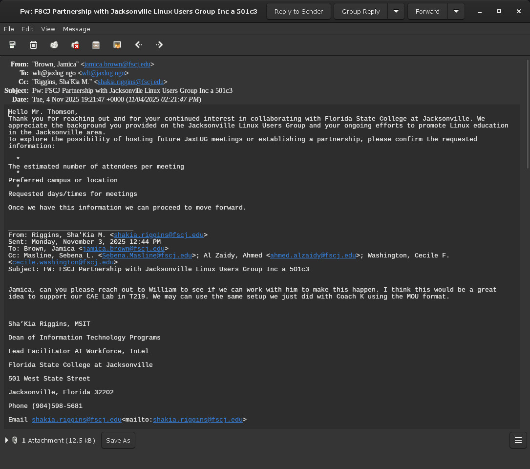William Thomson email from FSCJ regarding Lab and MOU