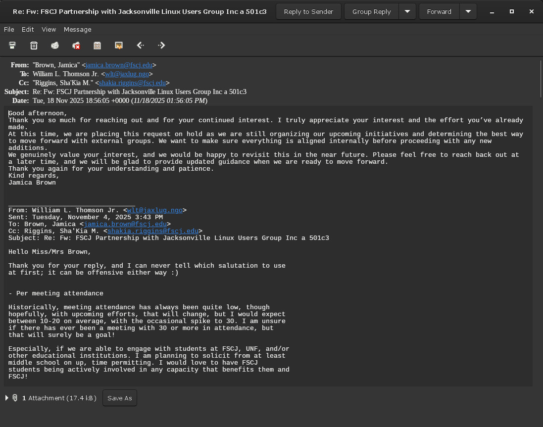 William Thomson email from FSCJ request on hold