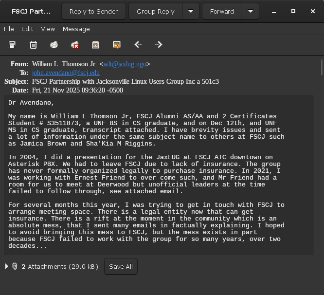 William Thomson email to FSCJ Dr Avendano