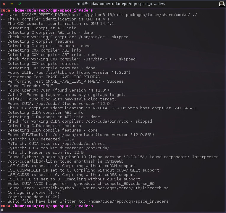 cmake output with cuda libtorch and opencv support in terminal