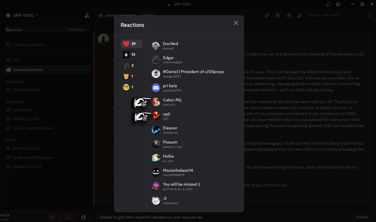 2026-04-22 UNF OSEC Discord Server Announcement Reactions by Nathan Nye and Christian McLaughlin