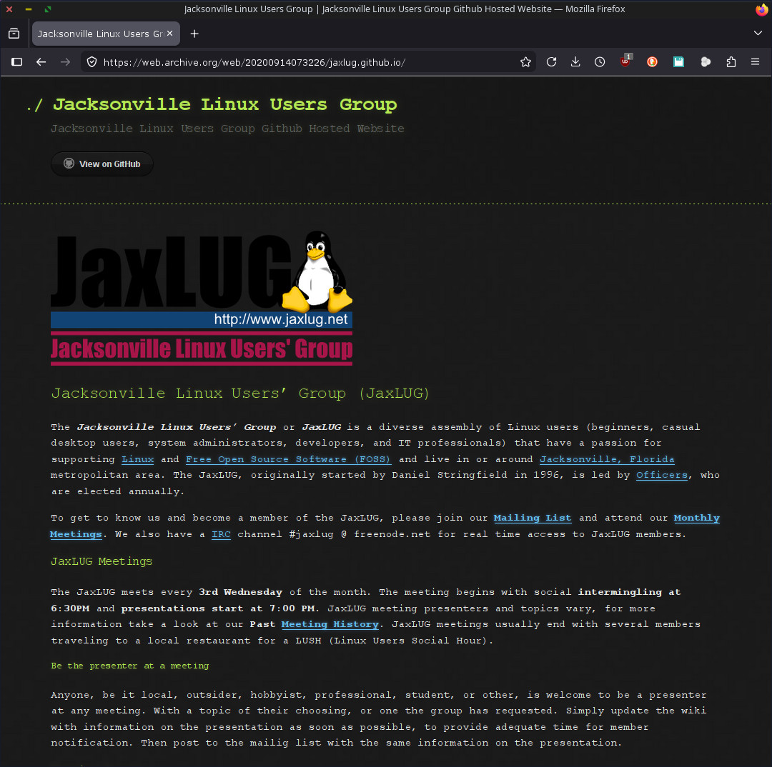 Archive.org September 14th, 2020 https://jaxlug.github.io/
